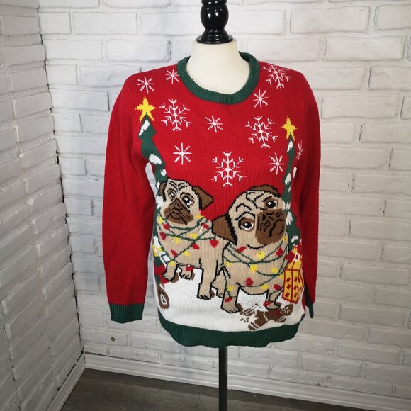 Be Merry Ladies Size Medium Multi Colored Pugs w/ Blinking Lights Sweater - Picture 1 of 9